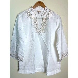 JM Collection Shirt Women's 8 White Linen Blouse 3/4 Sleeve Rhinestones